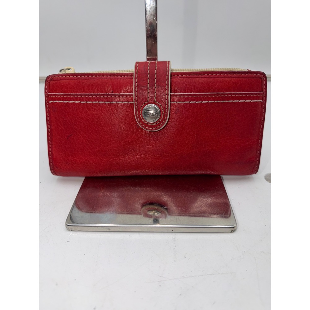Fossil Red Genuine Leather Bifold Clutch Wallet Snap Tab